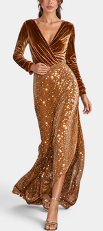 Mahaute Kremena long evening gown with draped velvet bodice, sequin skirt, V-neck, and side slit in bronze brown.