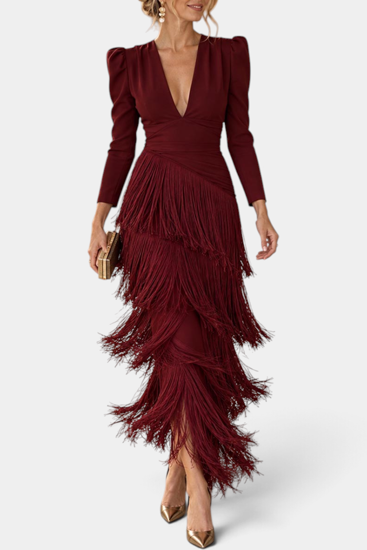 Mahaute Laurentia burgundy long dress with V-neck, puff sleeves, and tiered fringe skirt for elegant evening events.