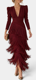 Mahaute Laurentia burgundy long dress with V-neck, puff sleeves, and tiered fringe skirt for elegant evening events.