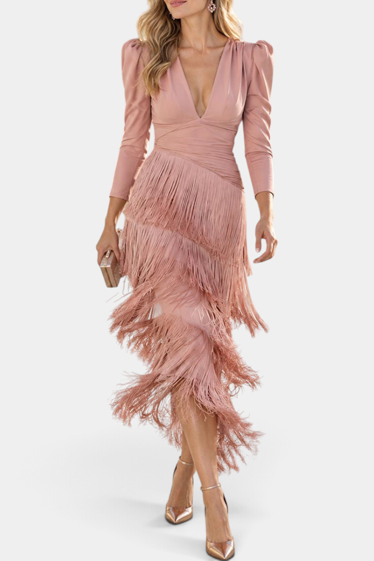 Mahaute Laurentia dusty pink midi dress with V-neck, puff sleeves, and layered fringe skirt for formal events.