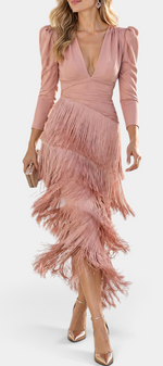 Mahaute Laurentia dusty pink midi dress with V-neck, puff sleeves, and layered fringe skirt for formal events.