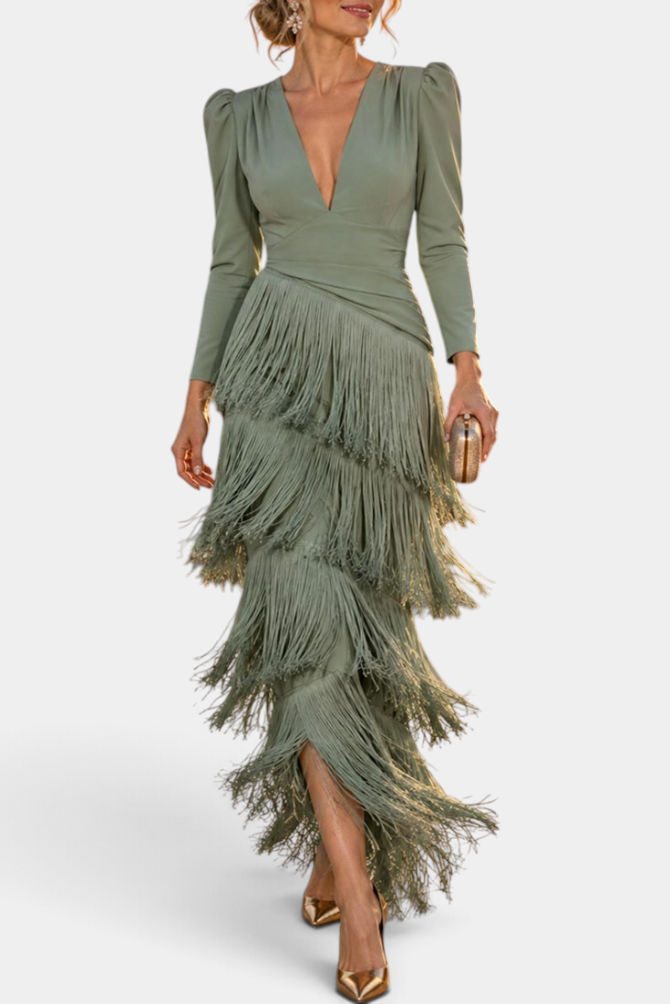 Mahaute Laurentia sage green long dress with deep V-neck, structured puff sleeves, and tiered fringe skirt details.