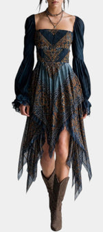 Robe mi-longue Mahaute Leocadia asymétrique imprimée avec encolure carrée et manches longues, élégante et moderne.