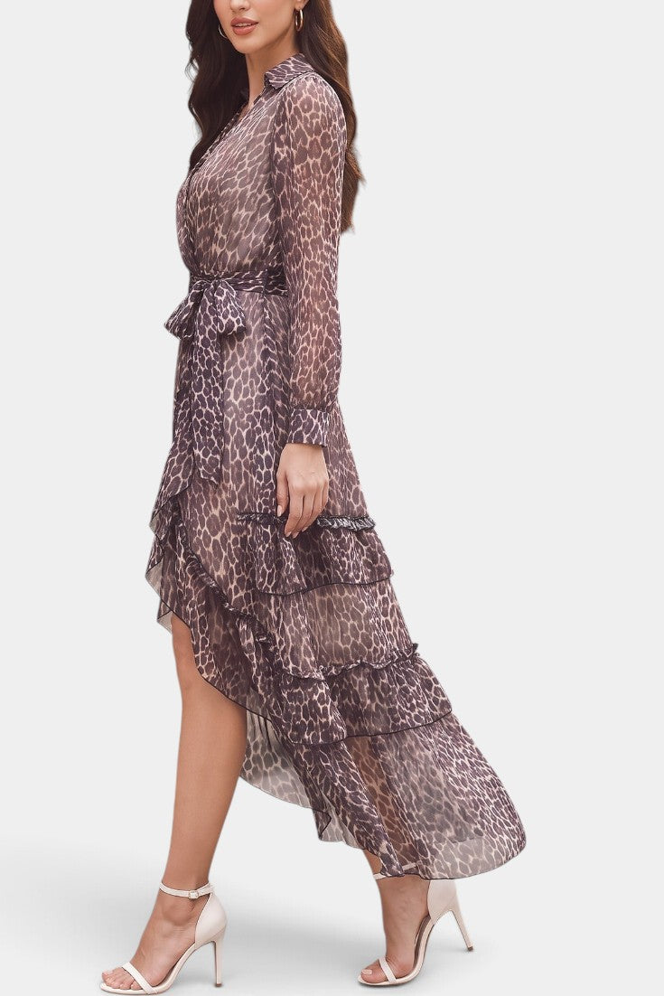 Robe longue en mousseline imprimé léopard avec volants et ceinture de la marque Mahaute.