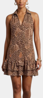 Robe courte gypsie Mahaute à imprimé léopard, style halter, dos nu, légère et tendance pour l'été.