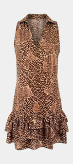 Robe courte halter imprimé léopard Mahaute, dos nu, style élégant et tendance, tissu léger et fluide pour l'été.