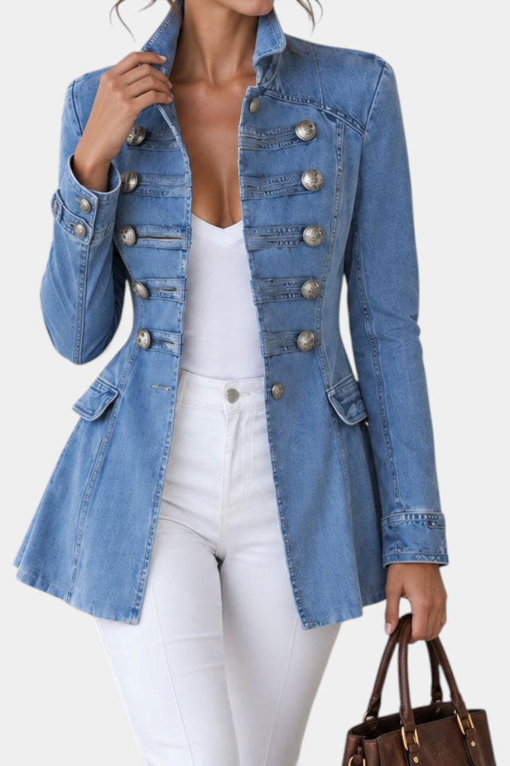 Mahaute light blue denim jacket with decorative silver buttons and a tailored fit.