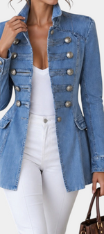 Mahaute light blue denim jacket with decorative silver buttons and a tailored fit.
