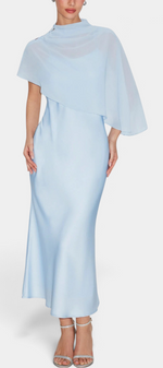 Mahaute light blue satin midi dress featuring a draped neckline and an elegant asymmetrical cape overlay.