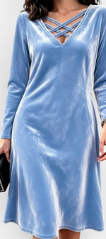Mahaute light blue velvet short dress with long sleeves and a V-neck featuring decorative crisscross straps.