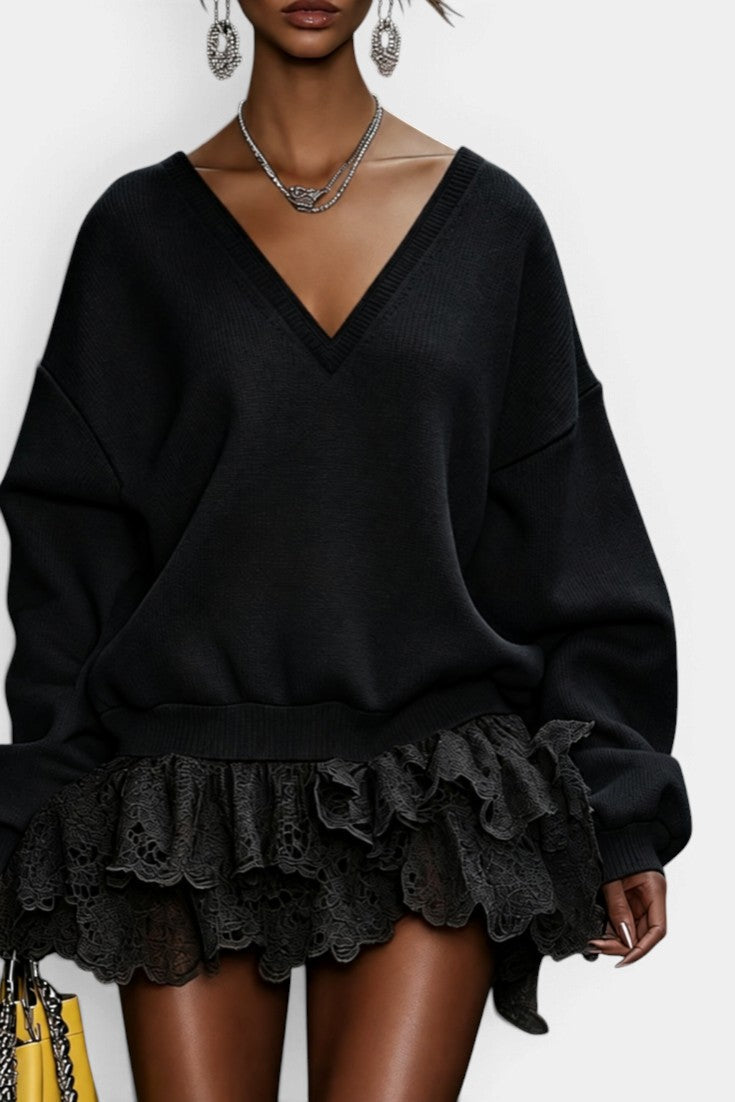 Mahaute Lilou black mini dress featuring an oversized V-neck sweater top and a layered lace ruffle skirt.