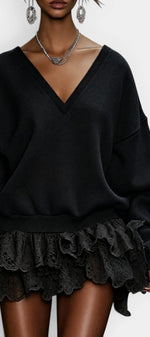 Mahaute Lilou black mini dress featuring an oversized V-neck sweater top and a layered lace ruffle skirt.