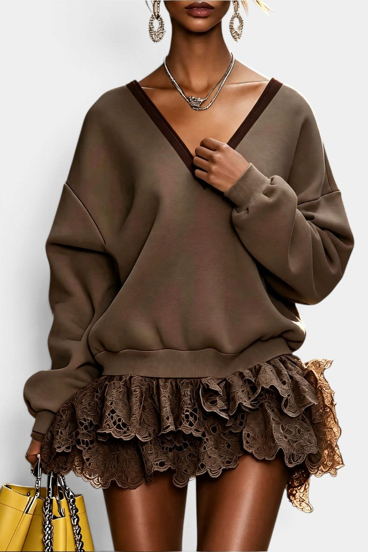 Mahaute Lilou short dress featuring a brown oversized sweatshirt top with V-neck and a layered lace ruffle skirt.
