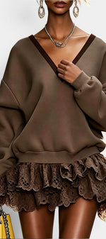 Mahaute Lilou short dress featuring a brown oversized sweatshirt top with V-neck and a layered lace ruffle skirt.