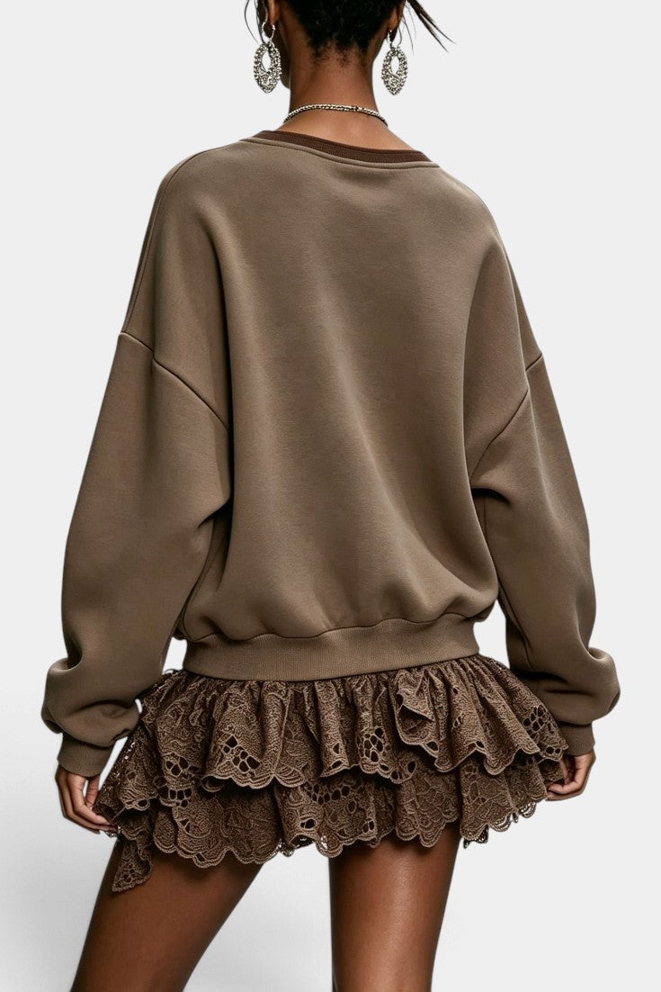 Back view of Mahaute Lilou dress featuring a brown oversized sweatshirt top and a layered lace ruffle skirt.
