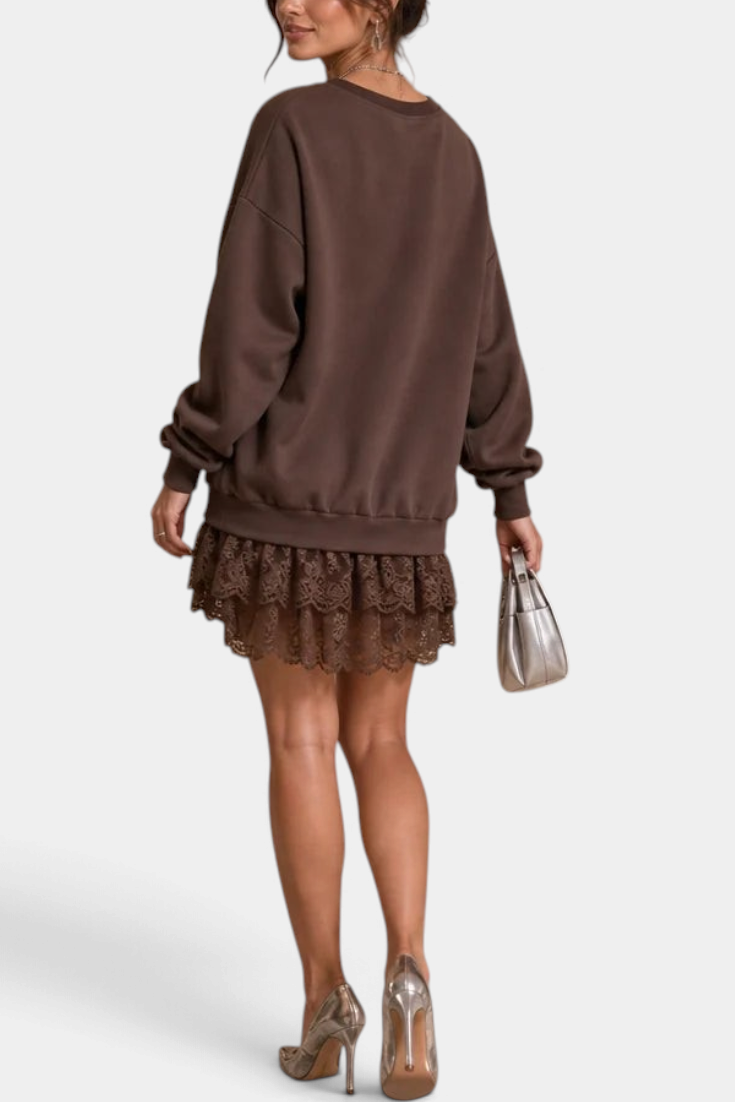 Mahaute Lilou brown oversized sweatshirt dress with a layered lace skirt and ruffled hem, back view.