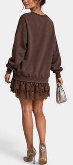 Mahaute Lilou brown oversized sweatshirt dress with a layered lace skirt and ruffled hem, back view.