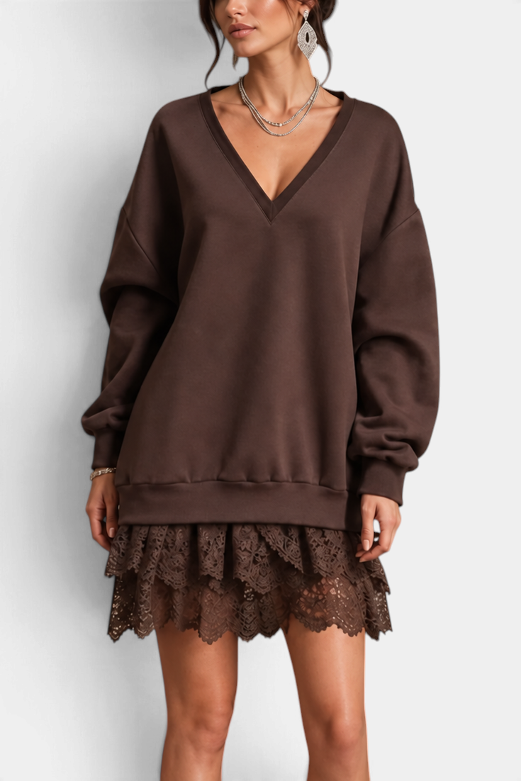 Mahaute Lilou brown short dress with deep V-neck, oversized sweatshirt top, and layered lace ruffle skirt