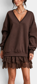 Mahaute Lilou brown short dress with deep V-neck, oversized sweatshirt top, and layered lace ruffle skirt