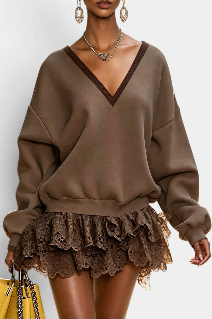 Mahaute Lilou brown short dress featuring an oversized sweatshirt top with a V-neck and a tiered lace ruffle skirt.