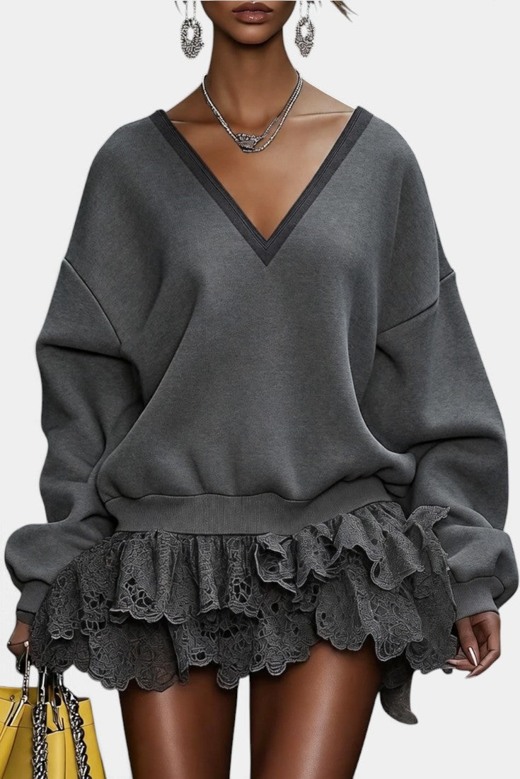 Mahaute Lilou charcoal grey short dress with deep V-neck, oversized sweatshirt top, and layered lace ruffle skirt.