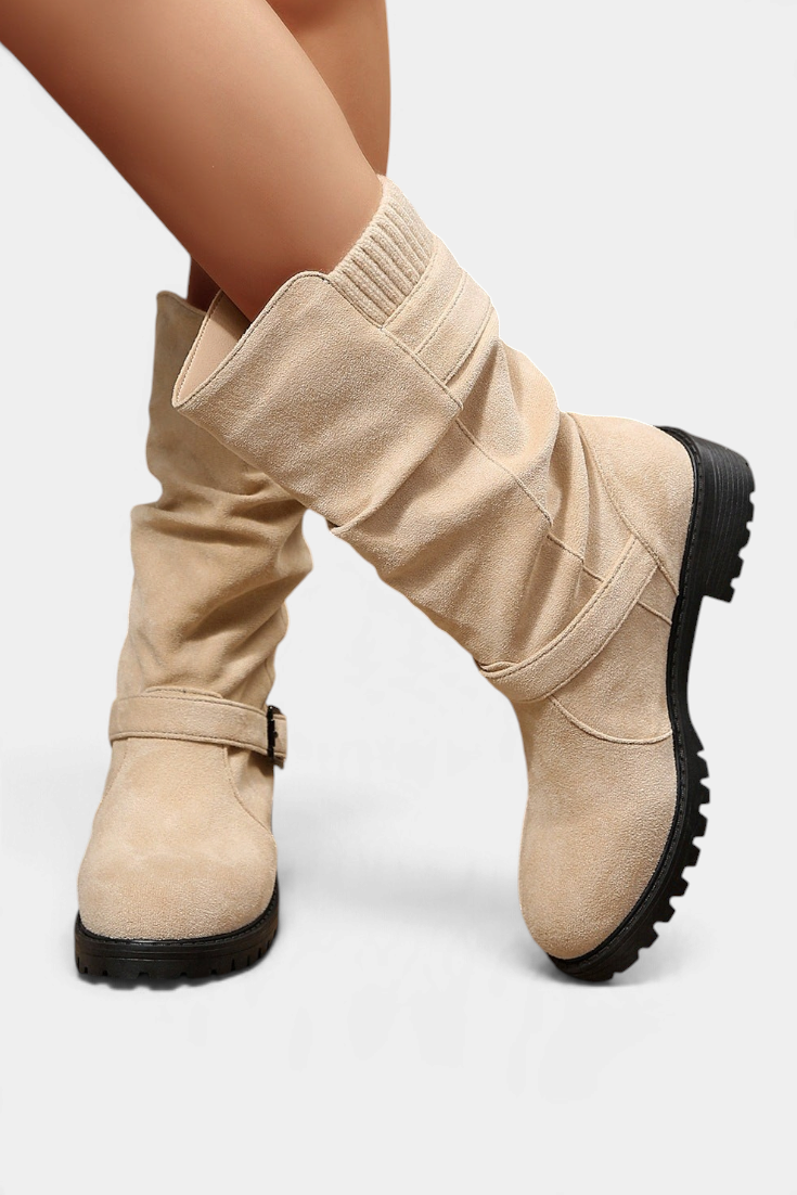 Mahaute Lola beige suede-effect mid-calf boots with adjustable buckles, ribbed knit collar, and chunky lug sole.