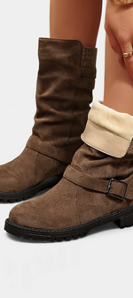 Mahaute Lola brown suede-effect mid-calf boots with adjustable buckles, ribbed knit collar, and chunky lug sole
