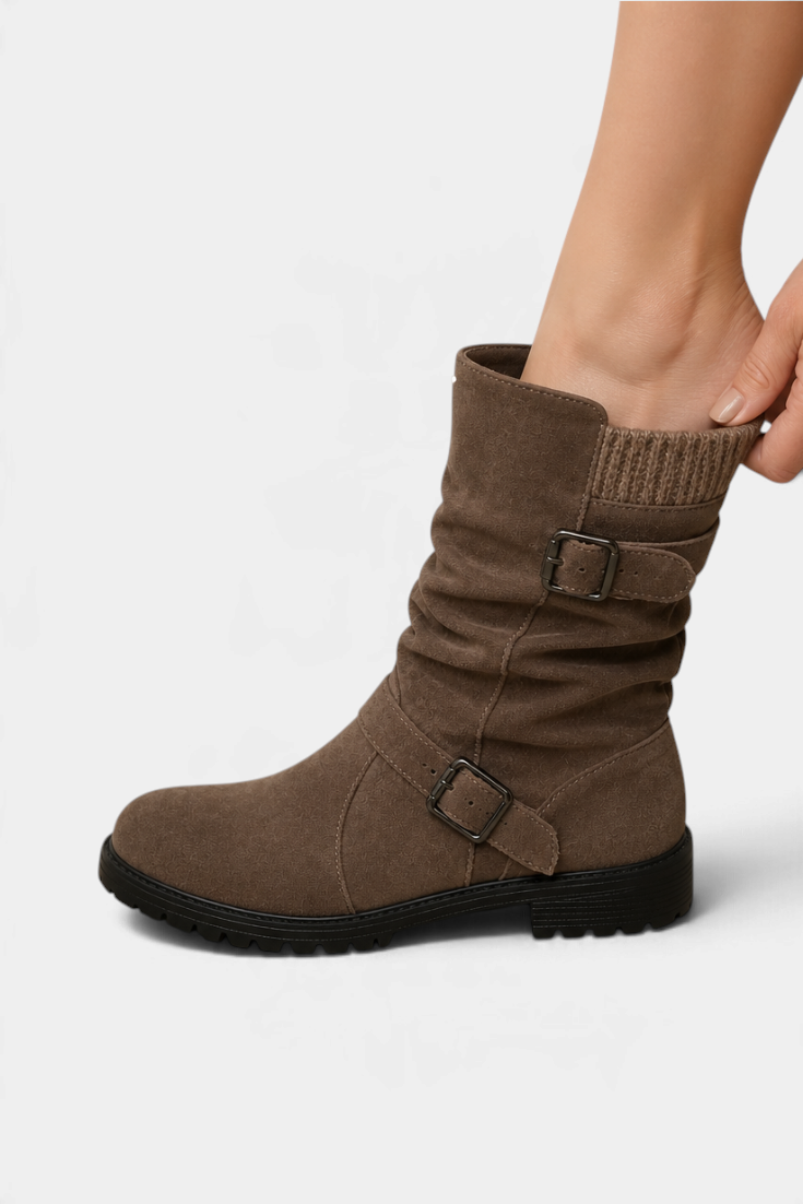 Mahaute Lola brown suede-effect mid-calf boots with adjustable buckles, ribbed knit collar, and chunky lug sole