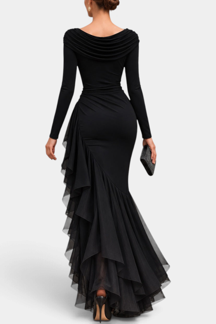 Mahaute long black evening gown with draped neckline, long sleeves, and asymmetrical ruffled skirt, back view.