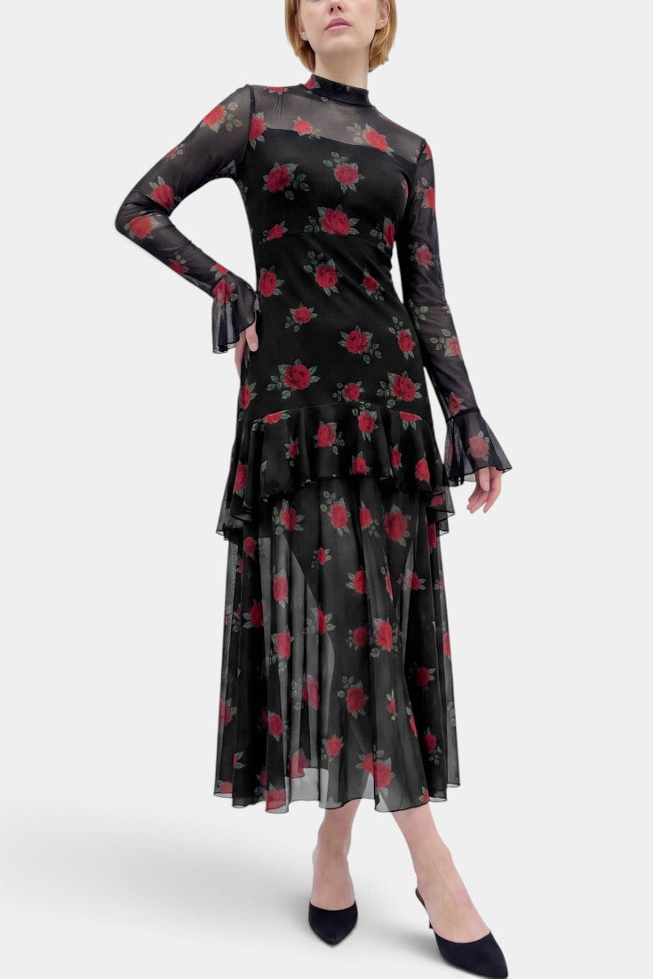 Robe longue Mahaute à imprimé de roses, manches transparentes et volants, élégante et fluide en tissu léger.