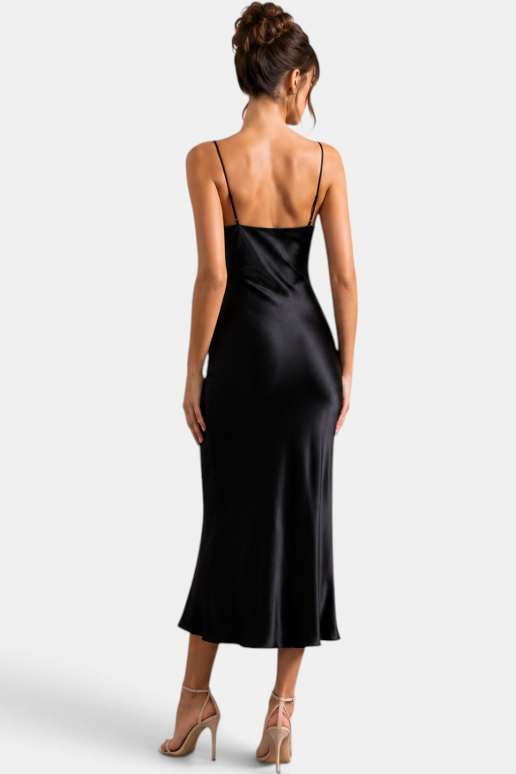 Mahaute long black satin slip dress with thin straps worn by a model from the back view