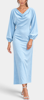 Mahaute Nicole long light blue dress with draped cowl neck, balloon sleeves, and a fitted waist on a model.