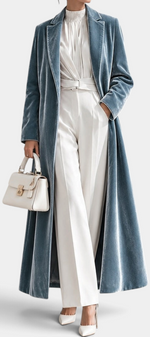 Mahaute long blue velvet coat with elegant lapels, worn over a white outfit with a matching handbag.
