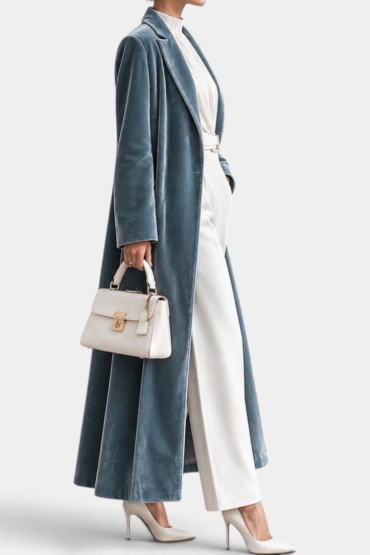 Mahaute long blue velvet coat with elegant lapels, worn over white trousers and heels with a matching handbag.