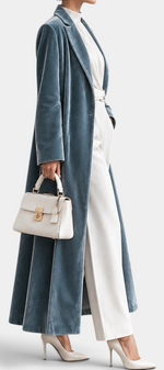 Mahaute long blue velvet coat with elegant lapels, worn over white trousers and heels with a matching handbag.