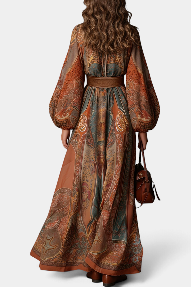 Back view of a Mahaute long bohemian dress with ornamental print, puff sleeves, and a wide brown belt.