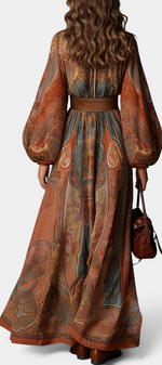 Back view of a Mahaute long bohemian dress with ornamental print, puff sleeves, and a wide brown belt.