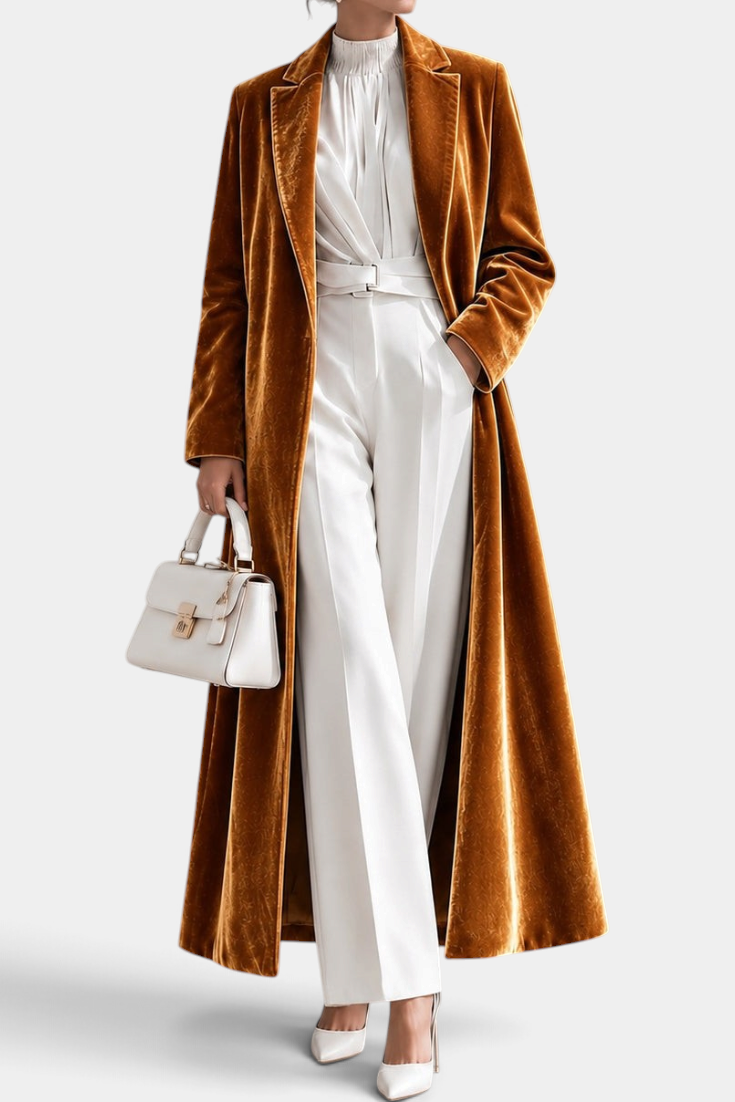 Mahaute long brown velvet coat with elegant lapels, worn over a white outfit with a matching handbag.