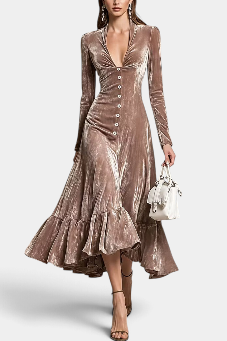 Mahaute Lorya midi dress in taupe velvet with a deep V-neck, front buttons, and an asymmetrical ruffled hem.