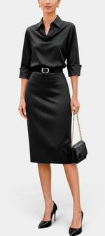Mahaute Macarena black satin midi dress with shirt collar, draped bodice, belted waist, and long sleeves.