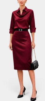 Mahaute Macarena midi dress in burgundy satin with a shirt collar, draped bodice, and a square buckle belt.
