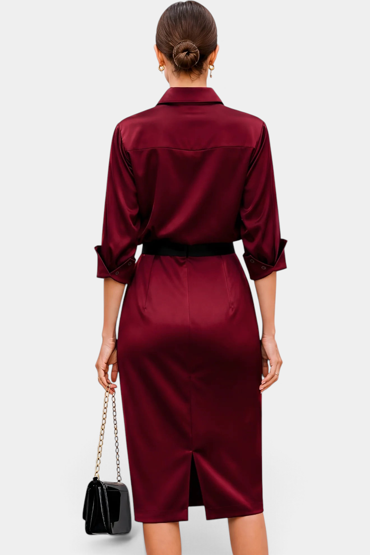 Mahaute Macarena midi shirt dress in burgundy satin with long sleeves, belted waist, and back slit, back view