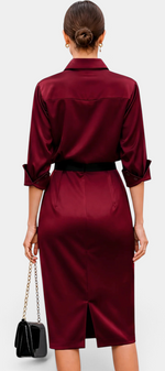 Mahaute Macarena midi shirt dress in burgundy satin with long sleeves, belted waist, and back slit, back view
