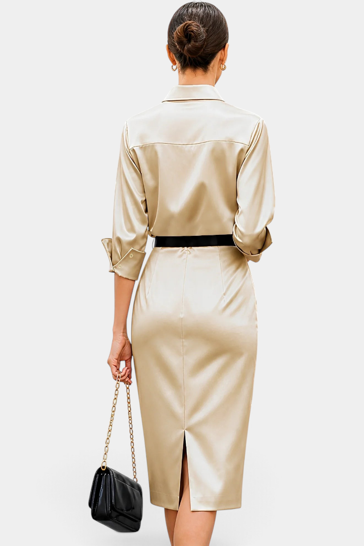 Back view of Mahaute Macarena midi satin dress in champagne with a shirt collar, belted waist, and back slit.