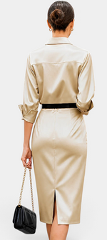 Back view of Mahaute Macarena midi satin dress in champagne with a shirt collar, belted waist, and back slit.