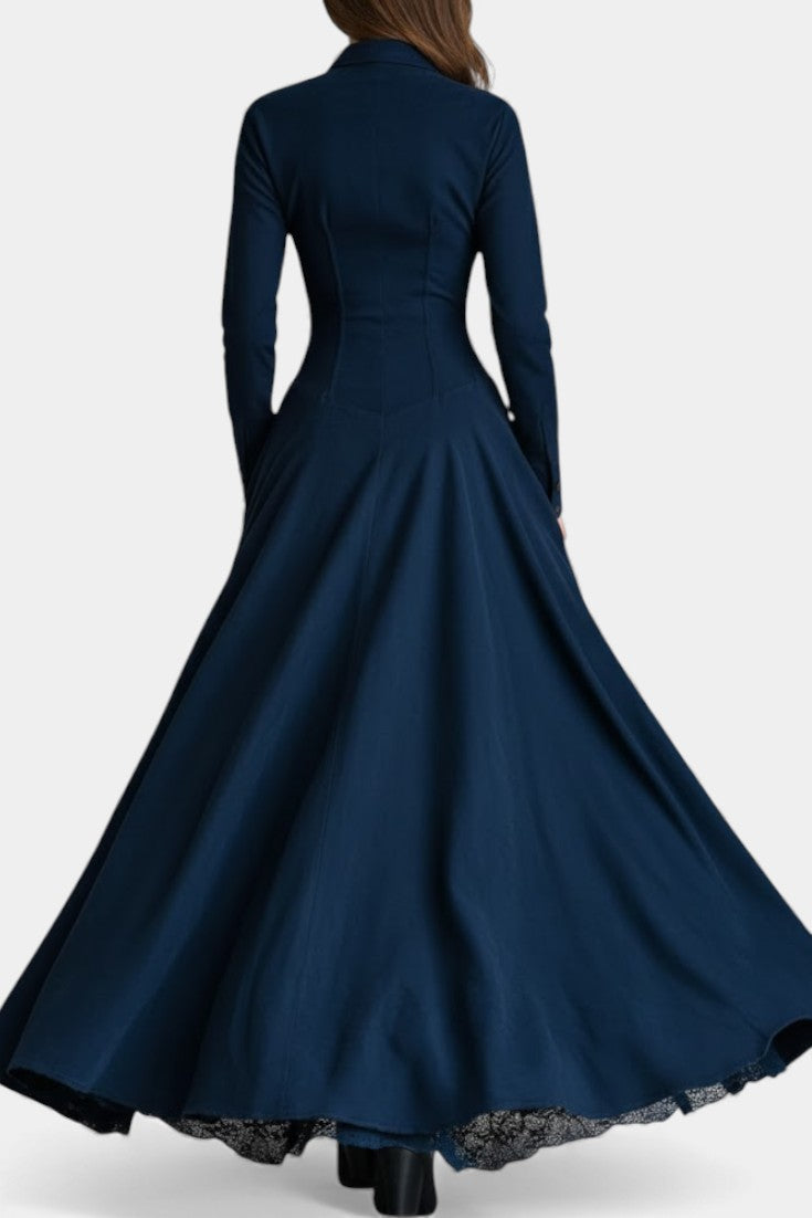 Mahaute Maravilla long navy blue faux suede shirt dress with a cinched waist and flared skirt, back view