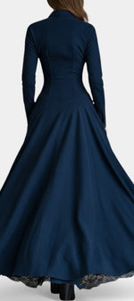 Mahaute Maravilla long navy blue faux suede shirt dress with a cinched waist and flared skirt, back view