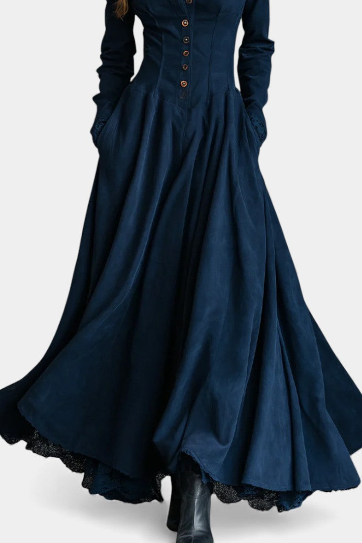 Mahaute long navy blue faux suede shirt dress with a fitted waist and flared skirt featuring button-down front