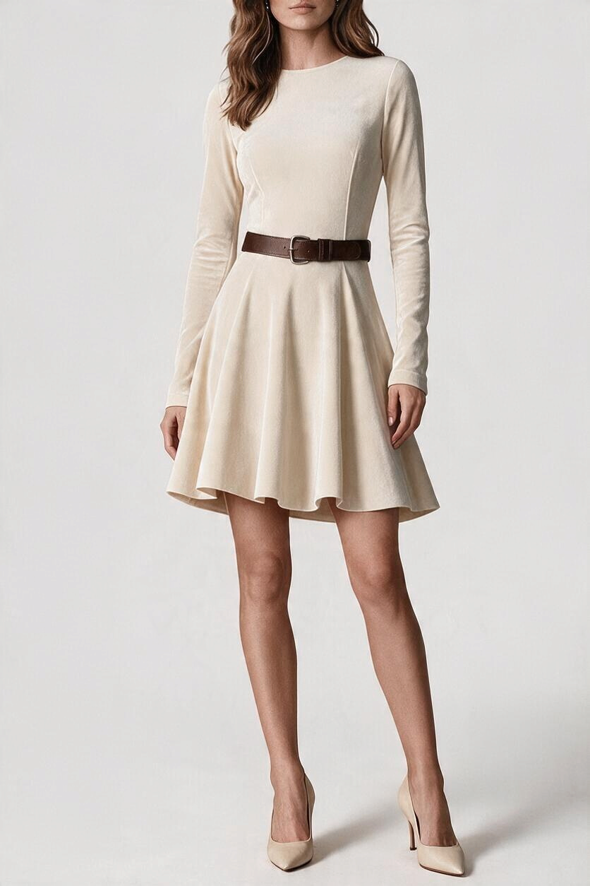 Mahaute Marlyène beige suede skater dress with long sleeves, round neck, and a brown belted waist on a model.