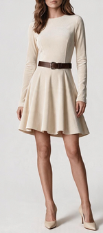 Mahaute Marlyène beige suede skater dress with long sleeves, round neck, and a brown belted waist on a model.